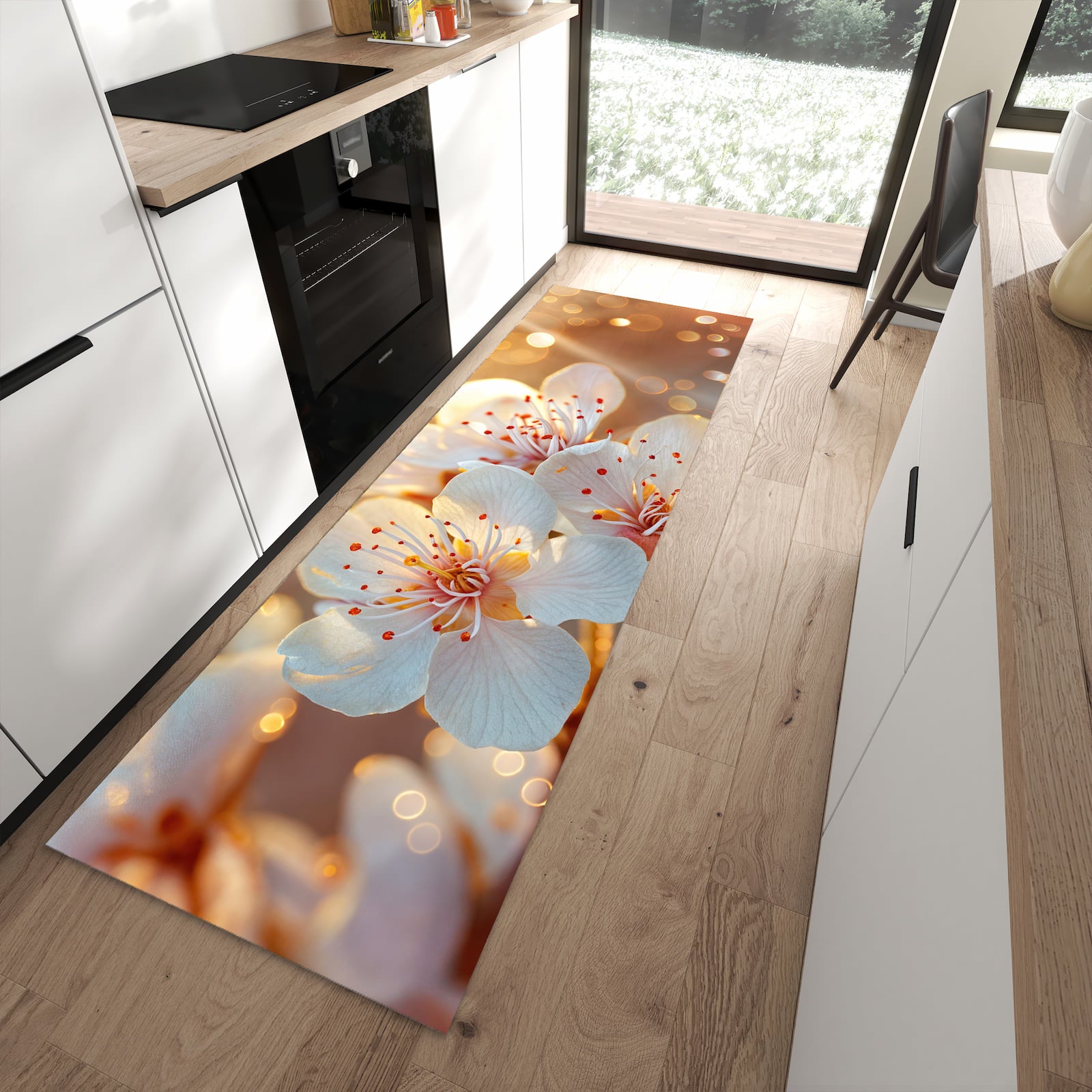 Komfortabler Küchenteppich mit Motiv Blumenstrahlen in moderner Küche