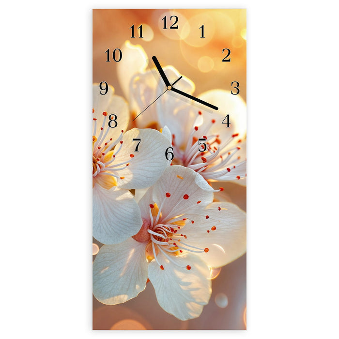 Wanduhr Blüten im Sonnenlicht aus Glas – Hochformat 30 × 60 cm mit Ziffernblatt Klassisch
