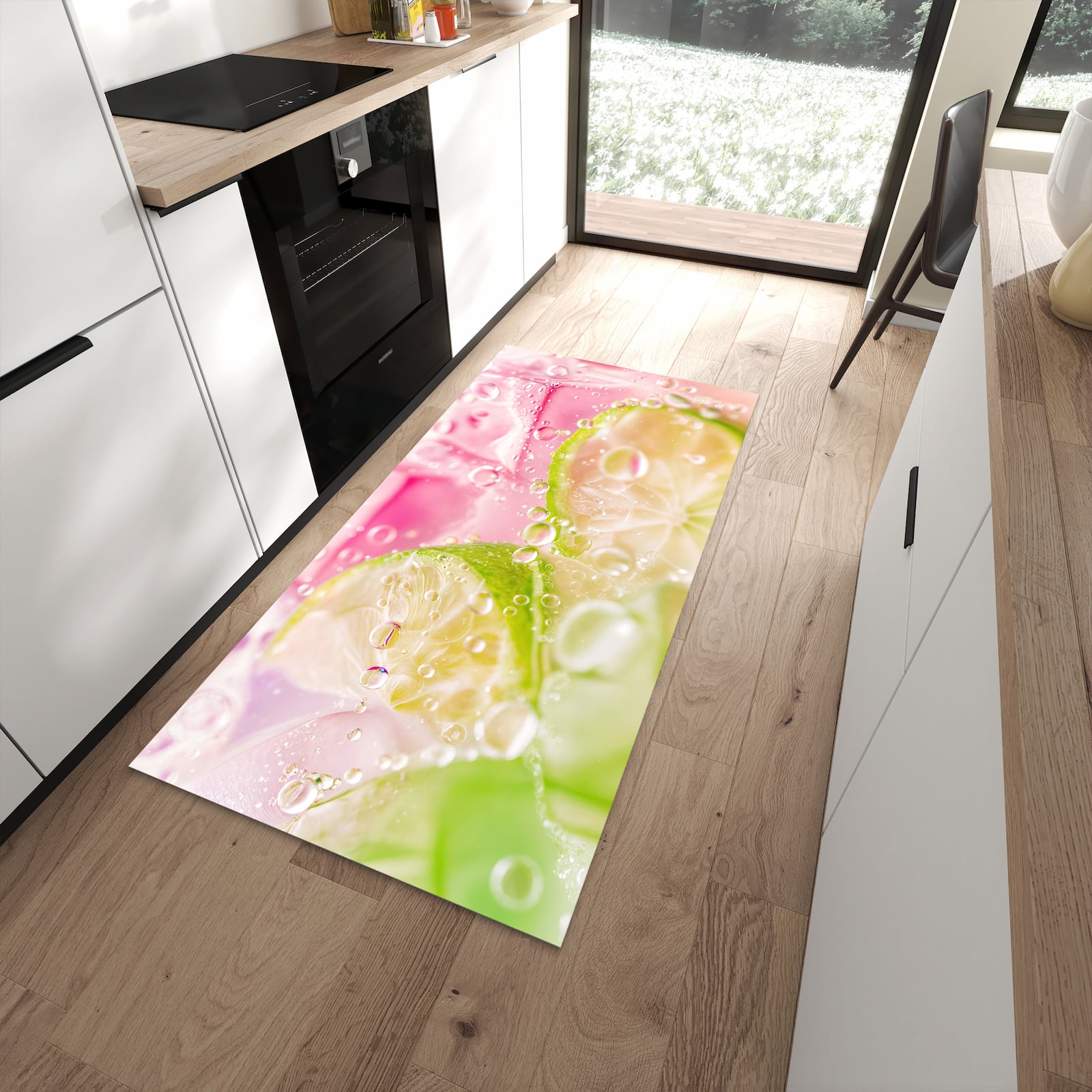 Abriebfester Küchenläufer nach Maß mit Motiv Limetten Spritzer in moderner Küche