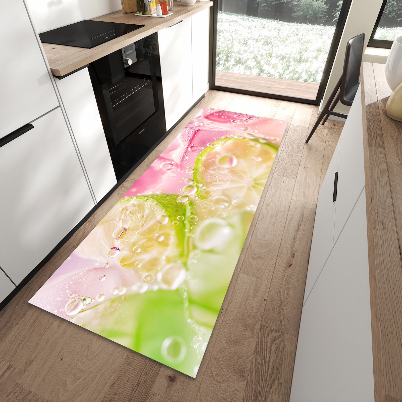 UV-beständiger Küchenläufer mit Motiv Limetten Spritzer in moderner Küche - waschbar