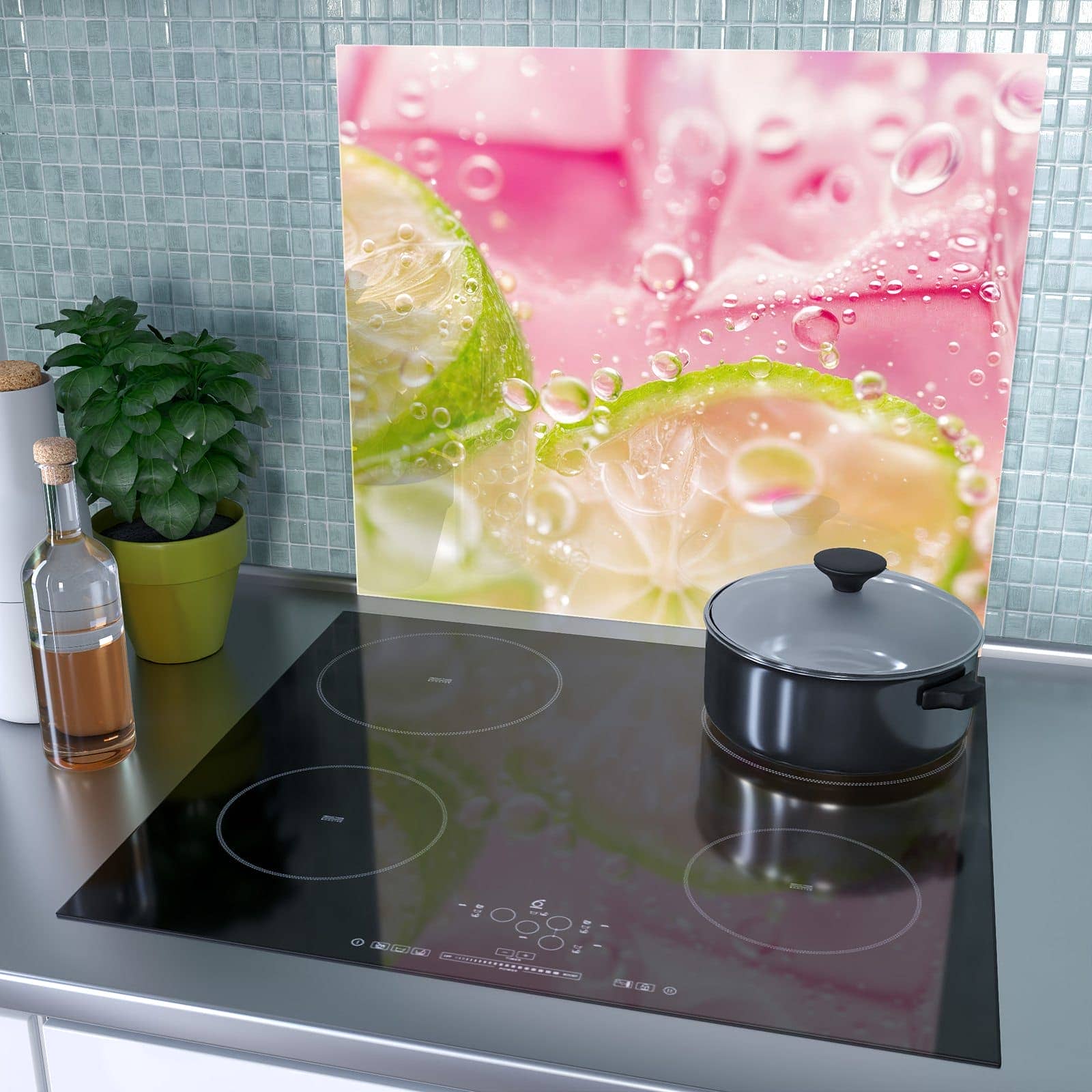 1-teilige Abdeckplatten für Ceranfeld mit Limetten Spritzer-Motiv als Spritzschutz hinter dem Kochfeld
