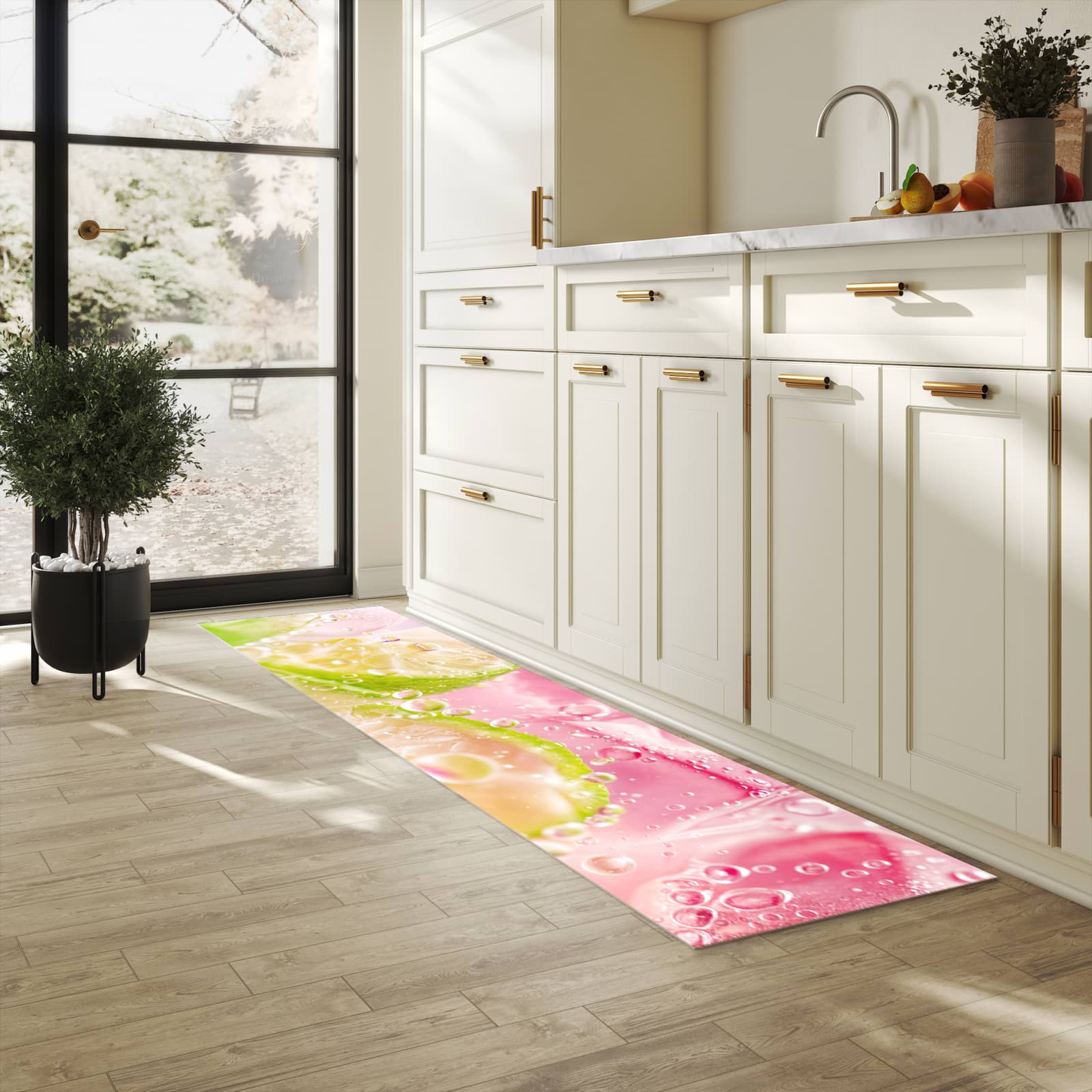 Läufer für die Küche mit Motiv Limetten Spritzer in heller Küche für Ordnung