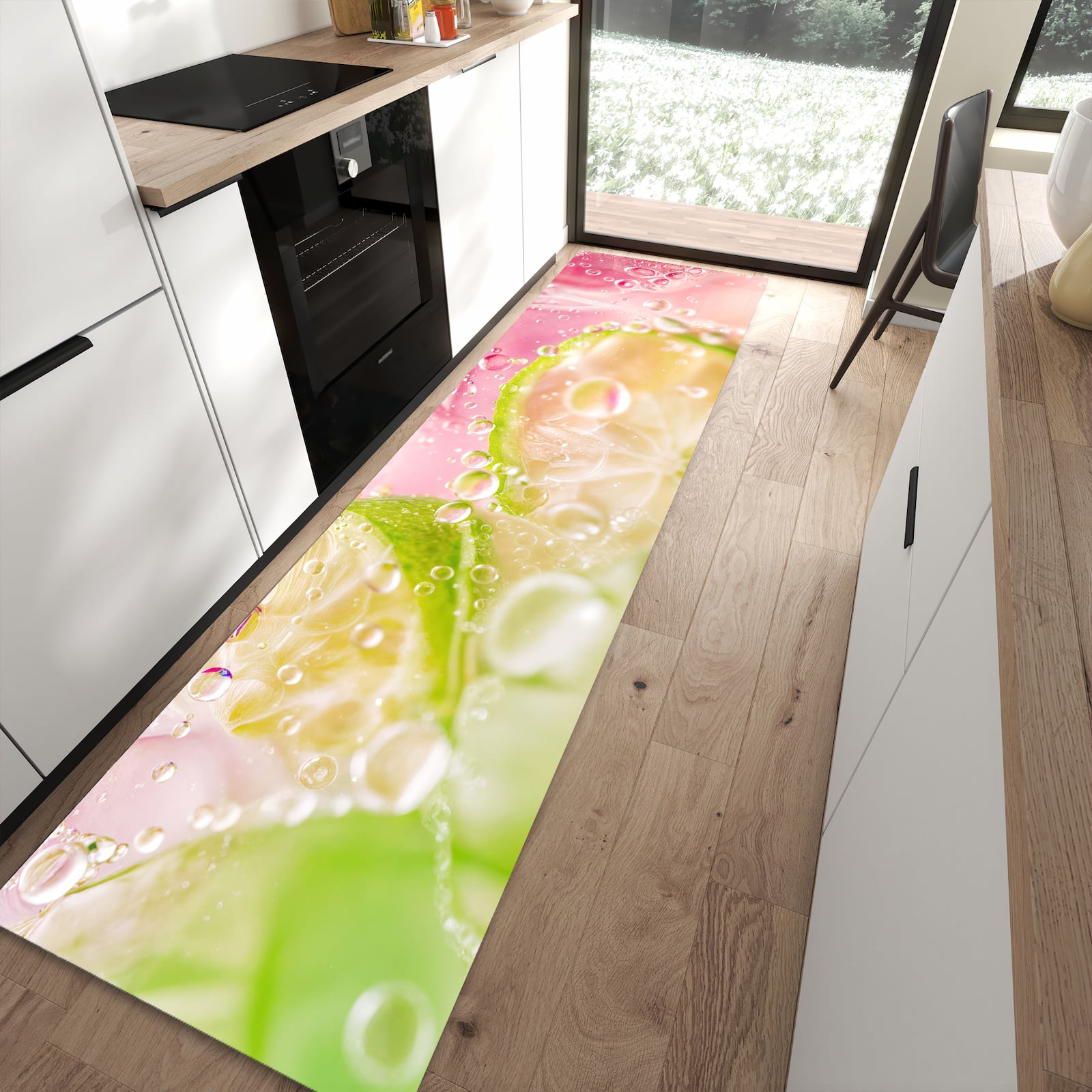 Geräuschdämpfender Küchenläufer mit Motiv Limetten Spritzer in moderner Küche