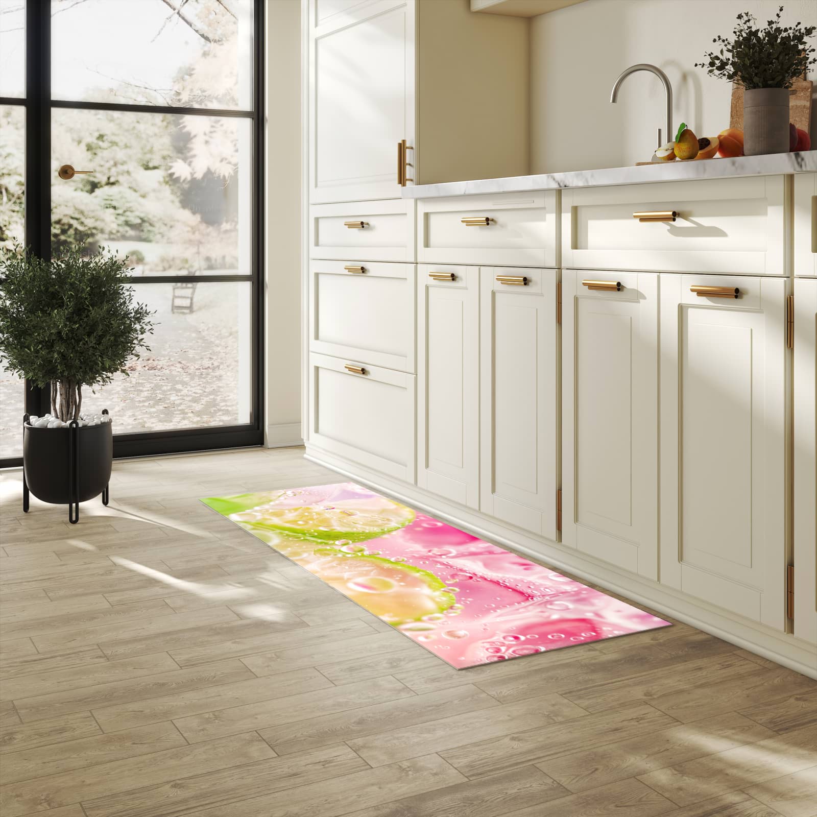 Feuchtigkeitsresistenter Küchenteppich mit Motiv Limetten Spritzer in heller Küche