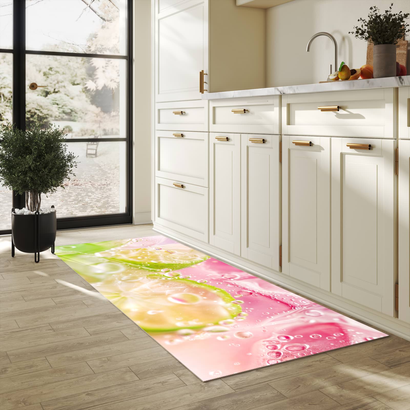 UV-beständiger Teppichläufer mit Motiv Limetten Spritzer in heller Küche