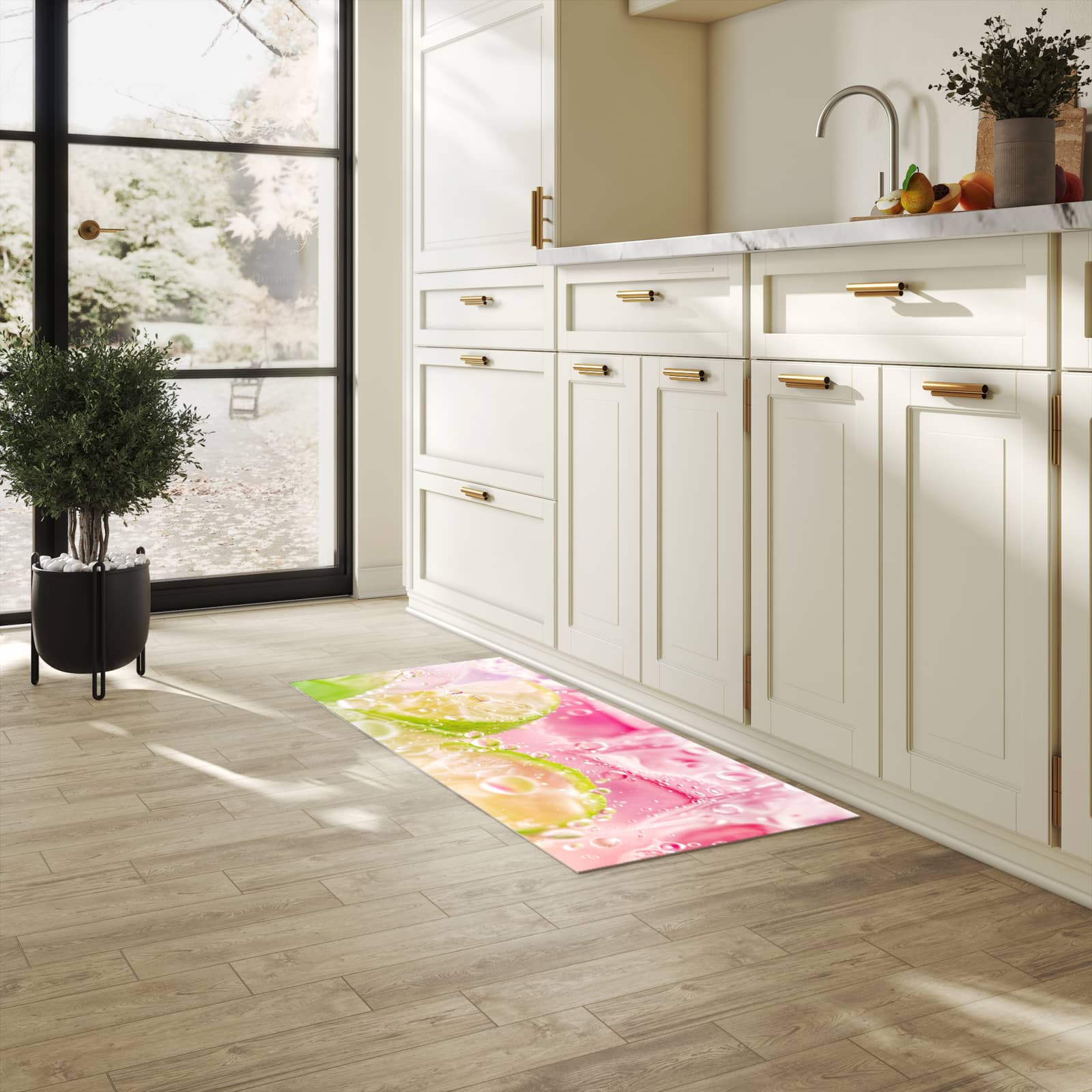 Rutschfester Küchenteppich mit Motiv Limetten Spritzer in heller Küche