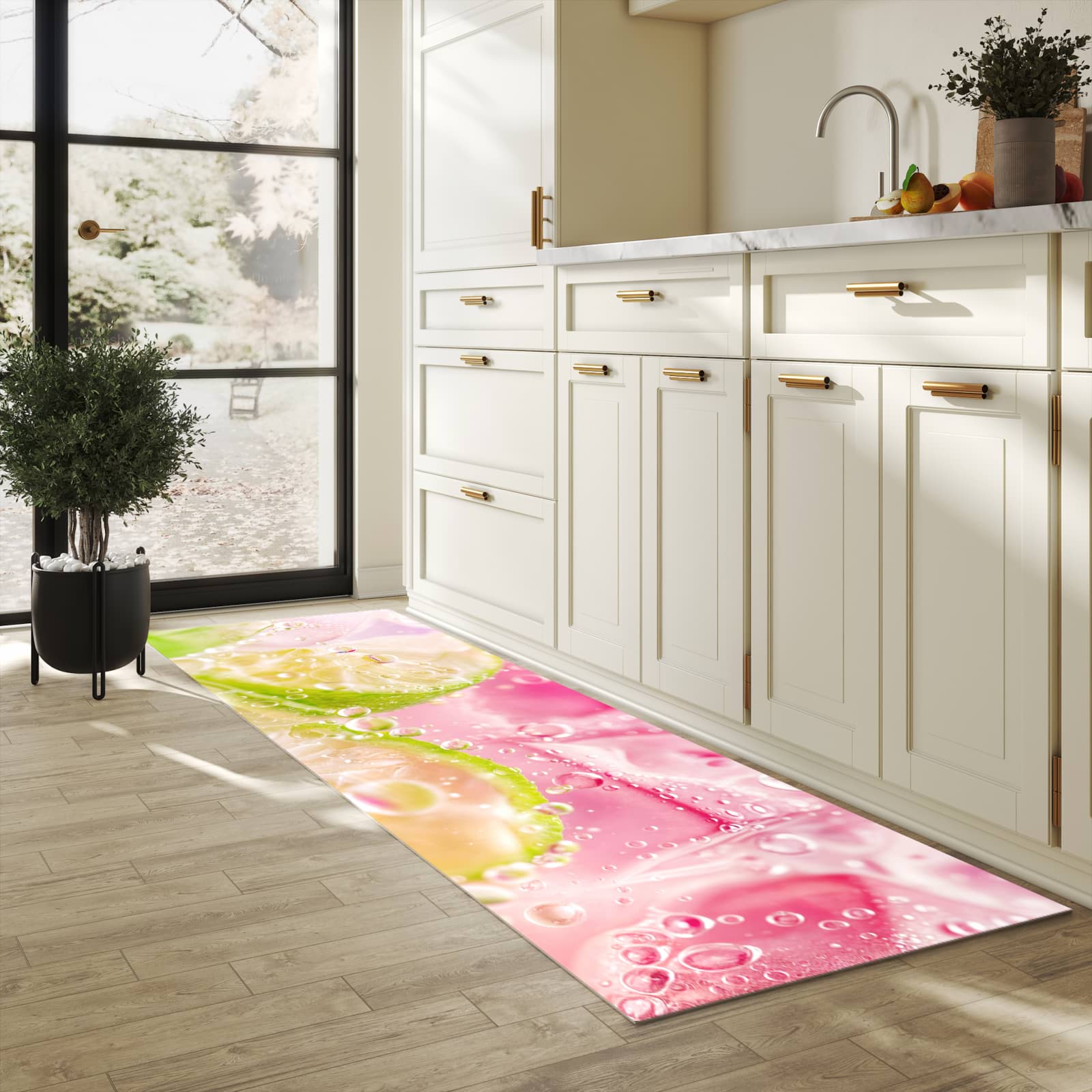 Zeitsparender waschbarer Küchenteppich mit Motiv Limetten Spritzer in heller Küche