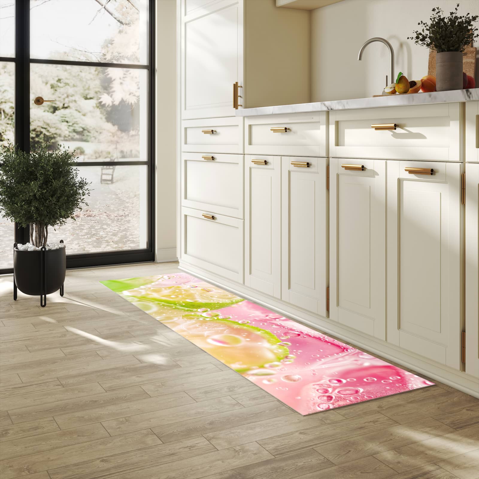 Bodenschonender Küchenteppich mit Motiv Limetten Spritzer in heller Küche