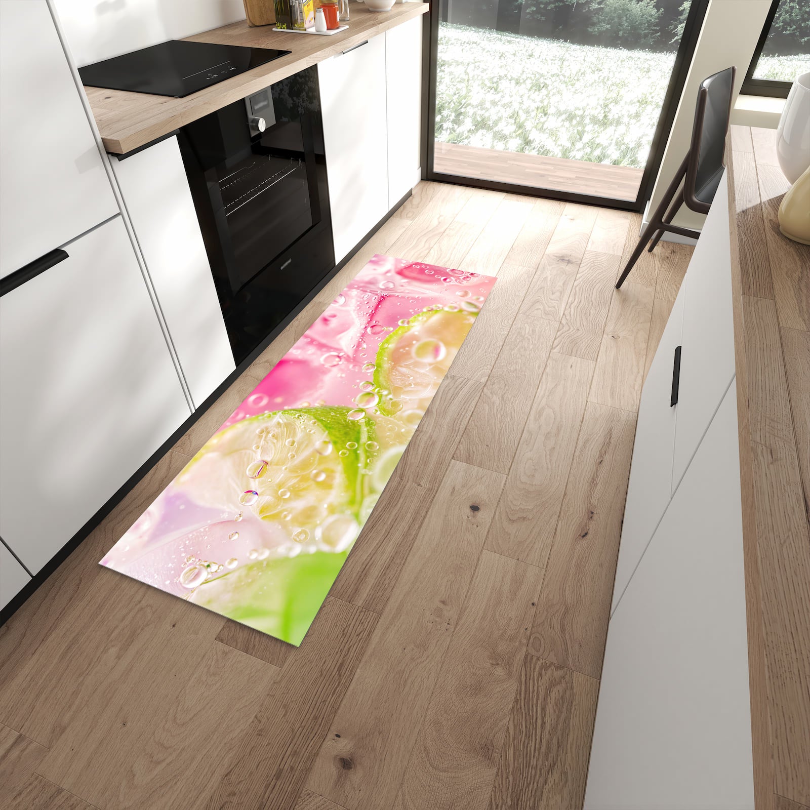 Feuchtigkeitsresistenter Küchenläufer mit Motiv Limetten Spritzer in moderner Küche