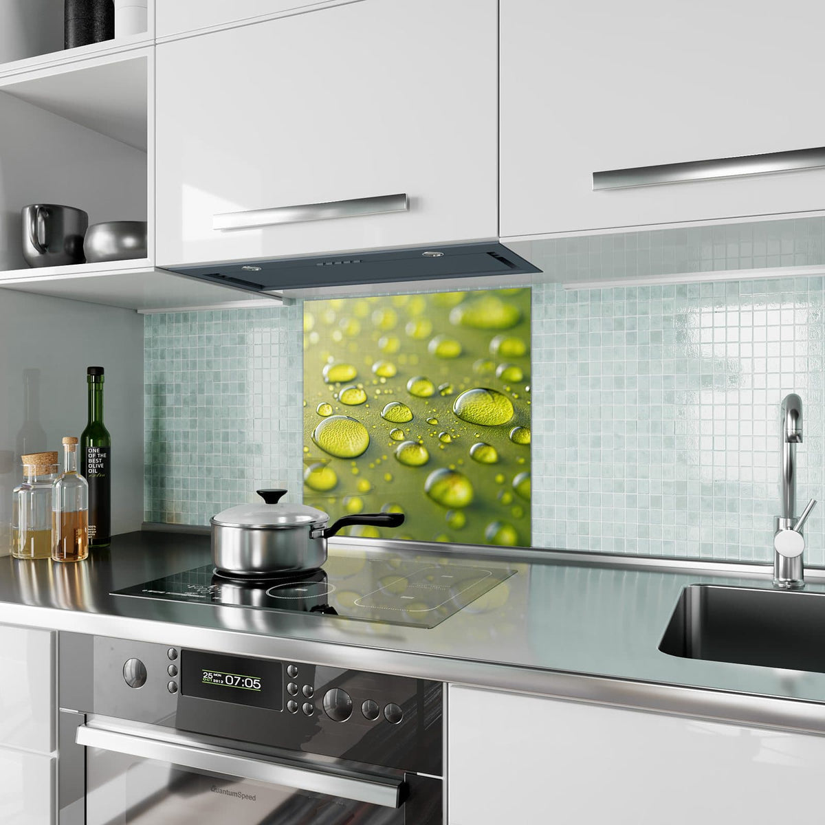 Küchenrückwand aus Glas Große Tropfen in Oliv im quadratischen Format als Spritzschutz hinter dem Kochfeld, über dem Fliesenspiegel montiert