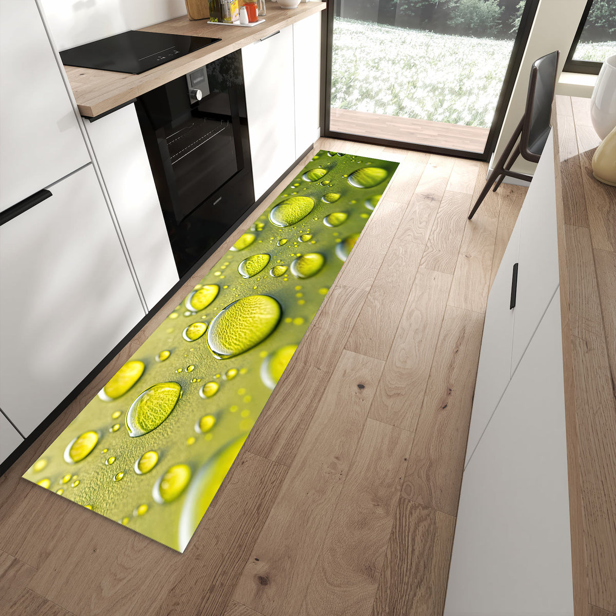 Flacher Bodenläufer mit Motiv Wassertropfen anschaulich in moderner Küche