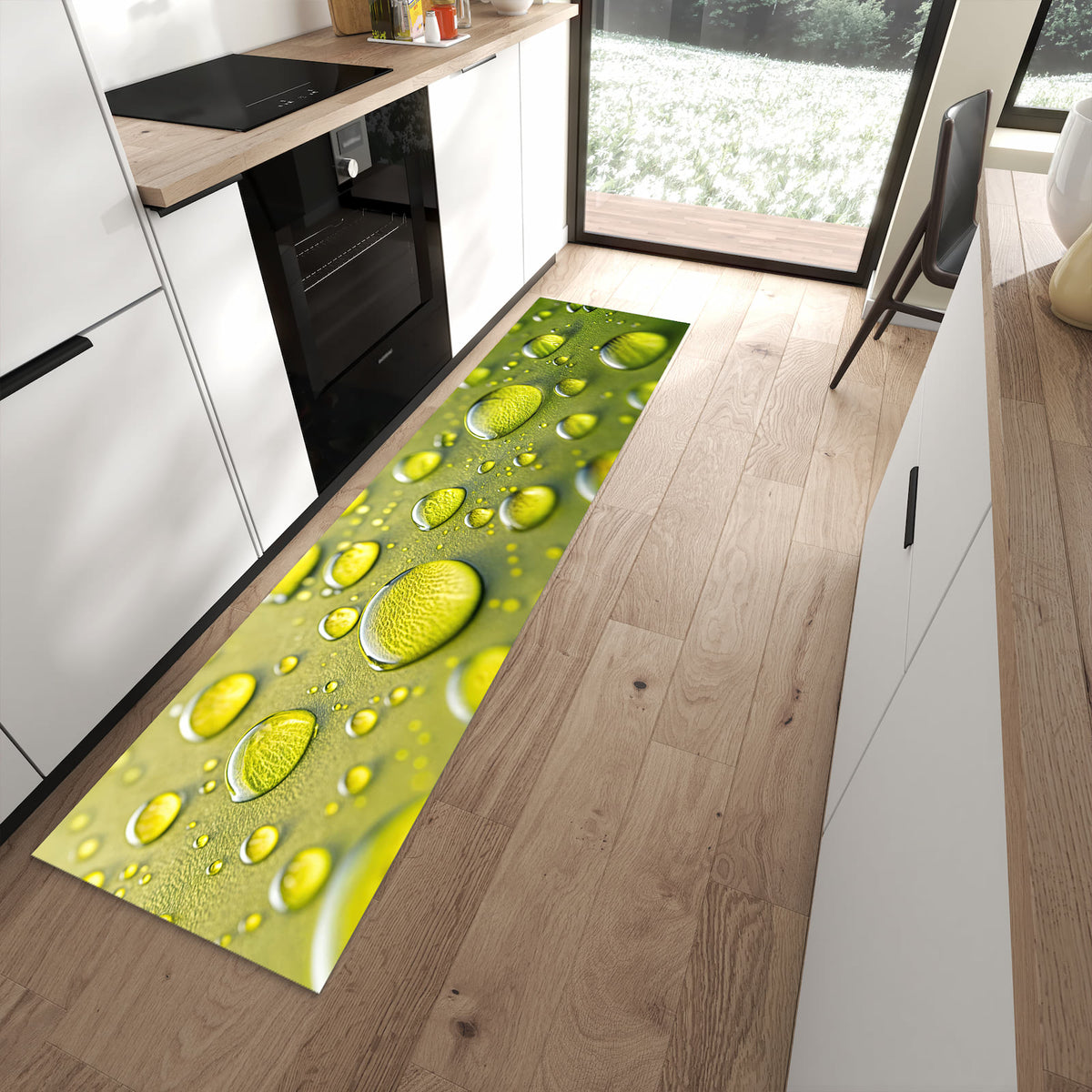 Langlebiger Bodenläufer mit Motiv Wassertropfen anschaulich in moderner Küche
