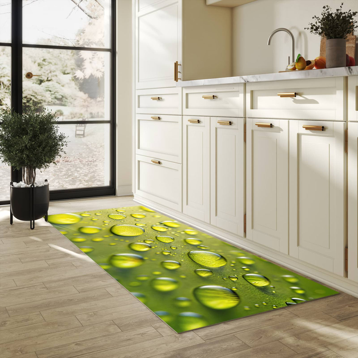 Waschbarer Küchenteppich mit Motiv Wassertropfen anschaulich in heller Küche
