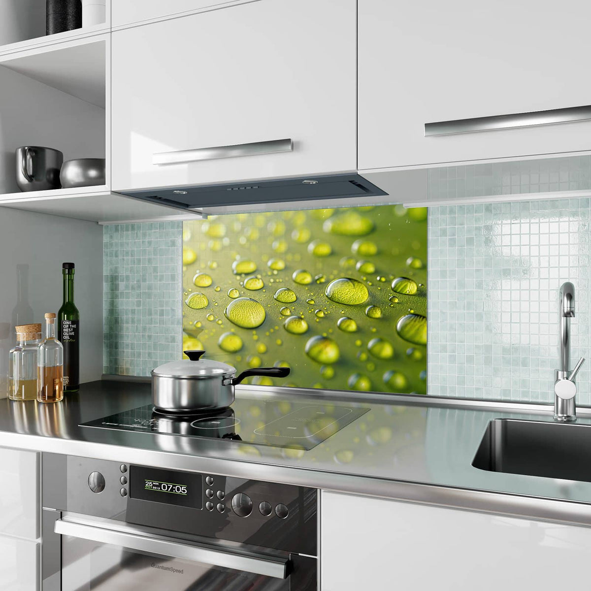 Küchenrückwand aus Glas Große Tropfen in Oliv im Hochformat als Spritzschutz hinter dem Kochfeld, über dem Fliesenspiegel montiert