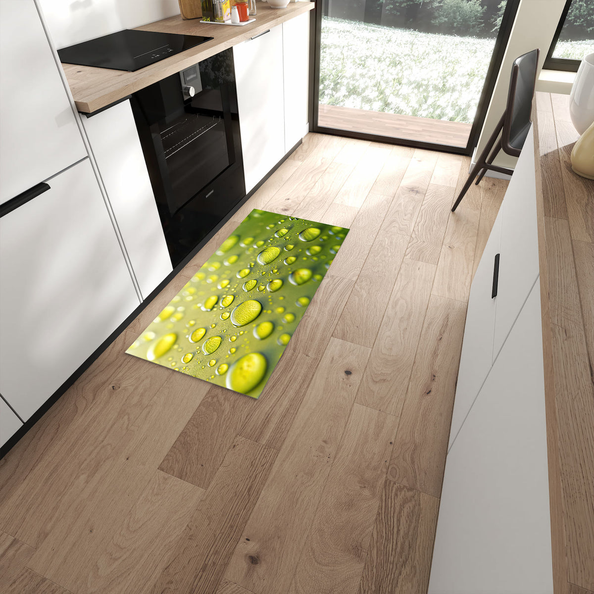 Fleckenresistenter waschbarer Teppich mit Motiv Wassertropfen anschaulich in moderner Küche #grösse_60 x 120 cm
