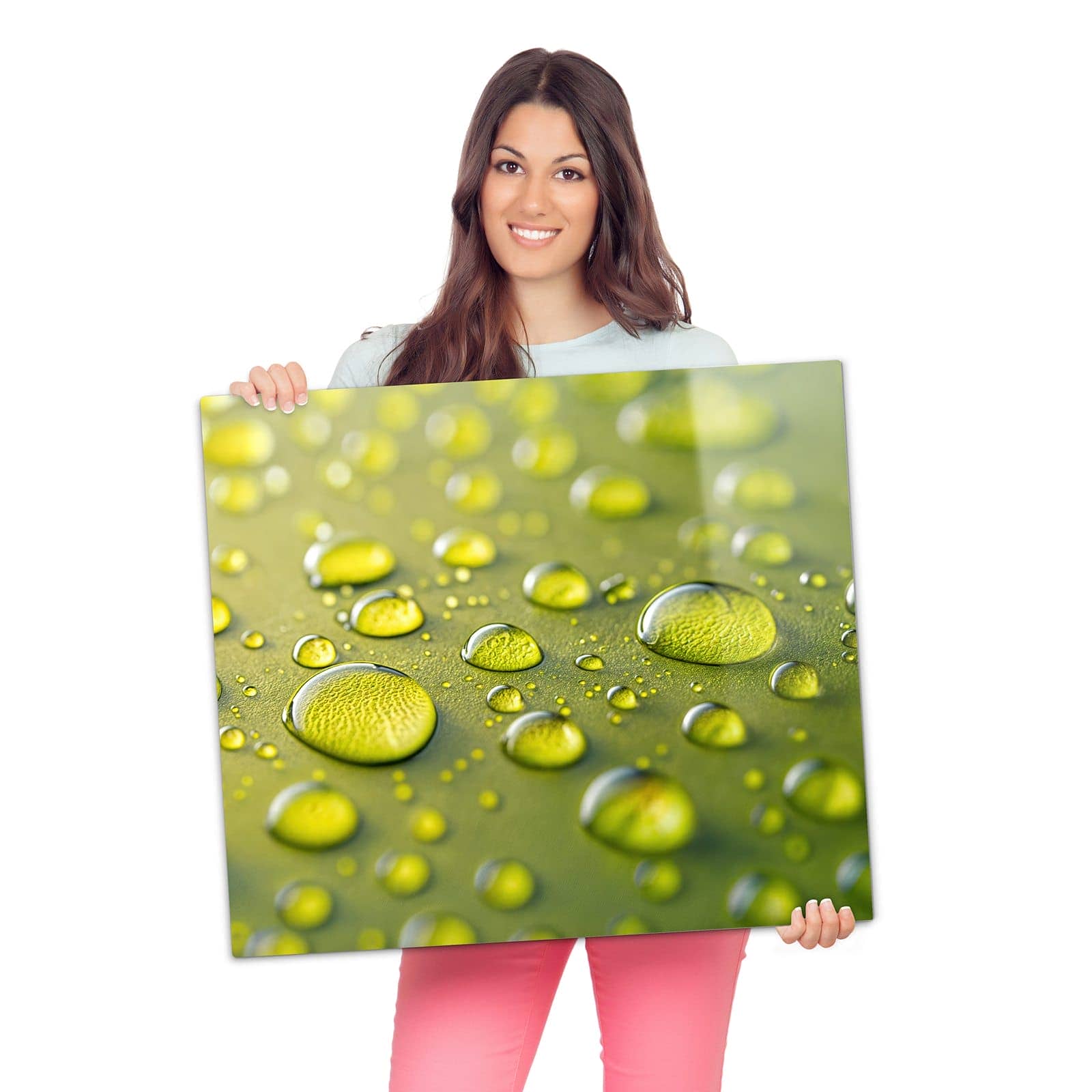 1-teilige Herdabdeckung mit Wassertropfen Nah-Motiv wird zur Größendarstellung gehalten