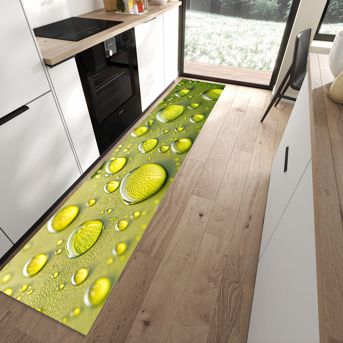 Pflegeleichter Küchenteppich mit Motiv Wassertropfen anschaulich in moderner Küche
