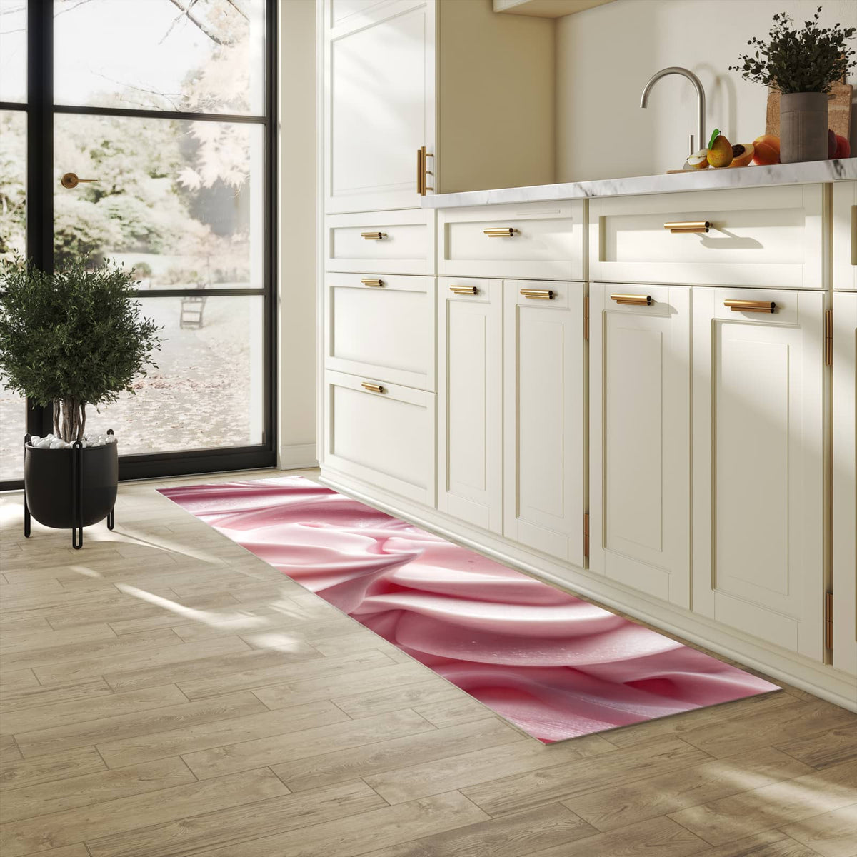 Farbbeständiger waschbarer Küchenteppich mit Motiv Zartes Schaumcreme in heller Küche