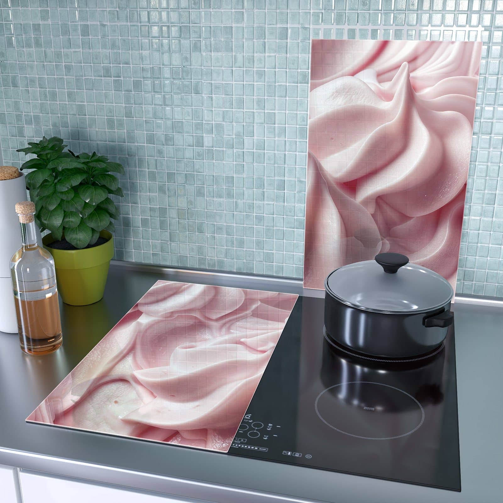 2-teilige Herdabdeckplatte mit Zartes Schaumcreme-Motiv als Spritzschutz hinter dem Kochfeld