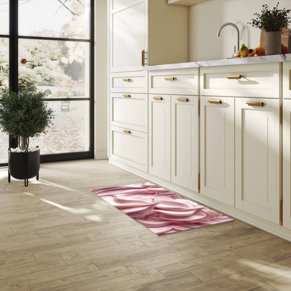 Feuchtigkeitsresistenter Küchenteppich mit Motiv Zartes Schaumcreme in heller Küche