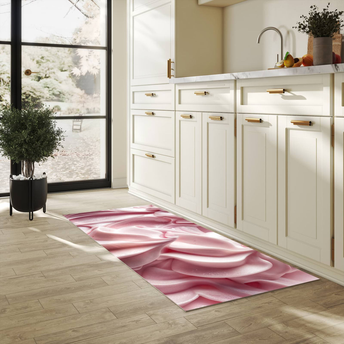 Zeitsparender waschbarer Küchenteppich mit Motiv Zartes Schaumcreme in heller Küche