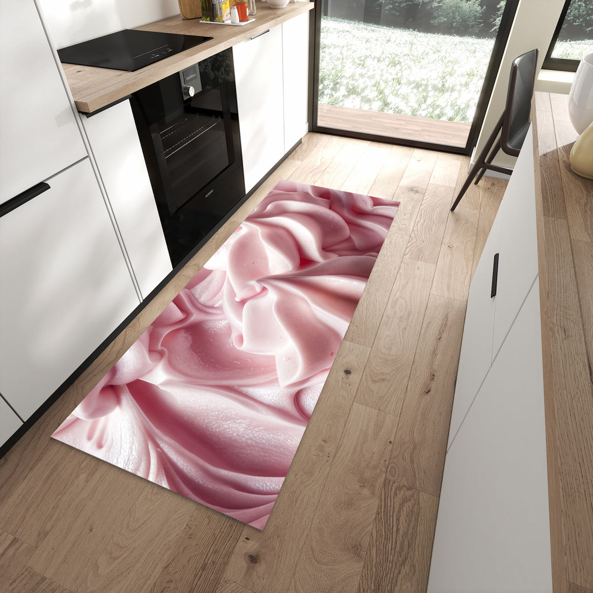 Zeitsparender langer Teppich mit Motiv Zartes Schaumcreme in moderner Küche