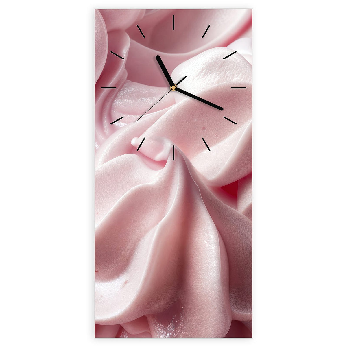 Wanduhr aus Glas, Ziffernblatt Linie: Formatfüllende rosa Sahne- bzw. Cremewirbel mit weichen Spitzen