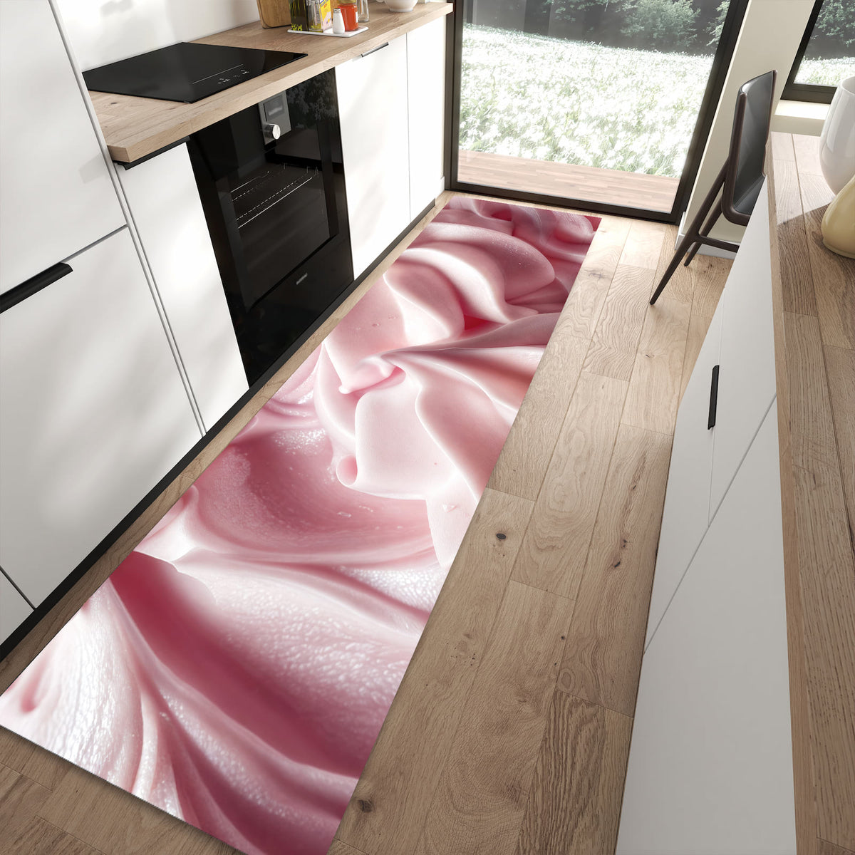 UV-beständiger dünner Teppich mit Motiv Zartes Schaumcreme in moderner Küche