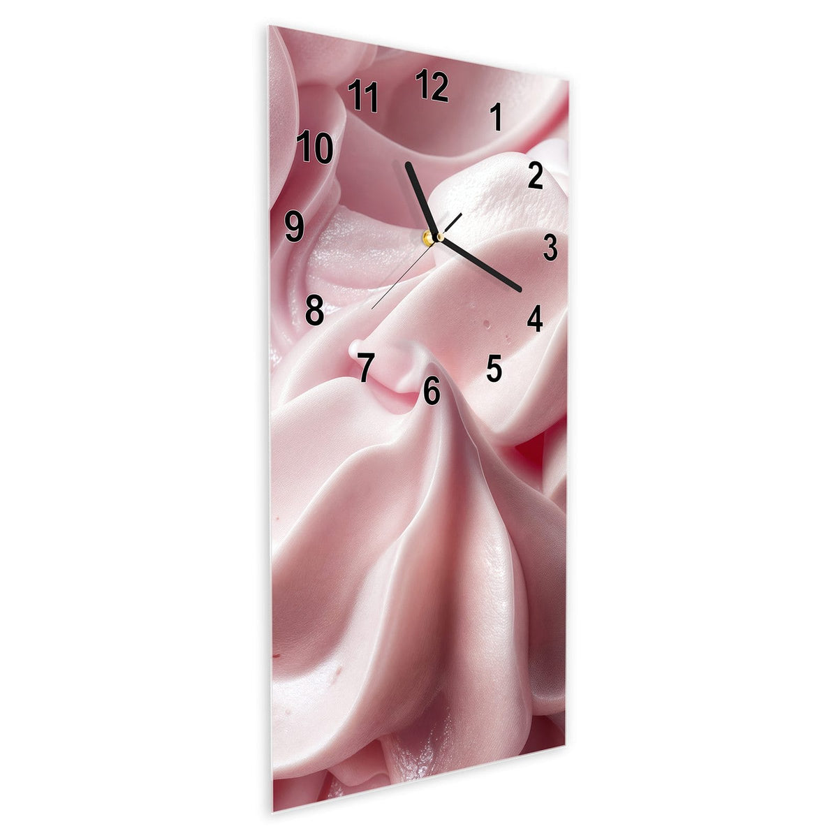 Wanduhr aus Glas im Hochformat Rosa Cremewellen schräg von der Seite, 4 mm starkes Glas