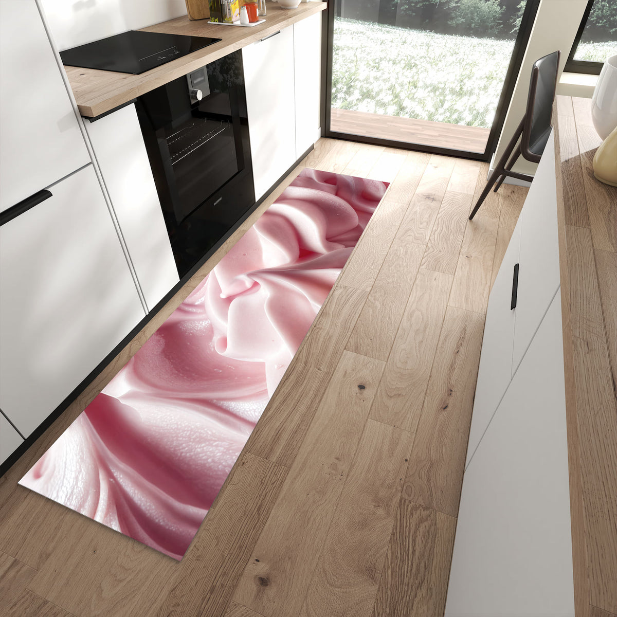 Bodenschonender Küchenläufer mit Motiv Zartes Schaumcreme in moderner Küche