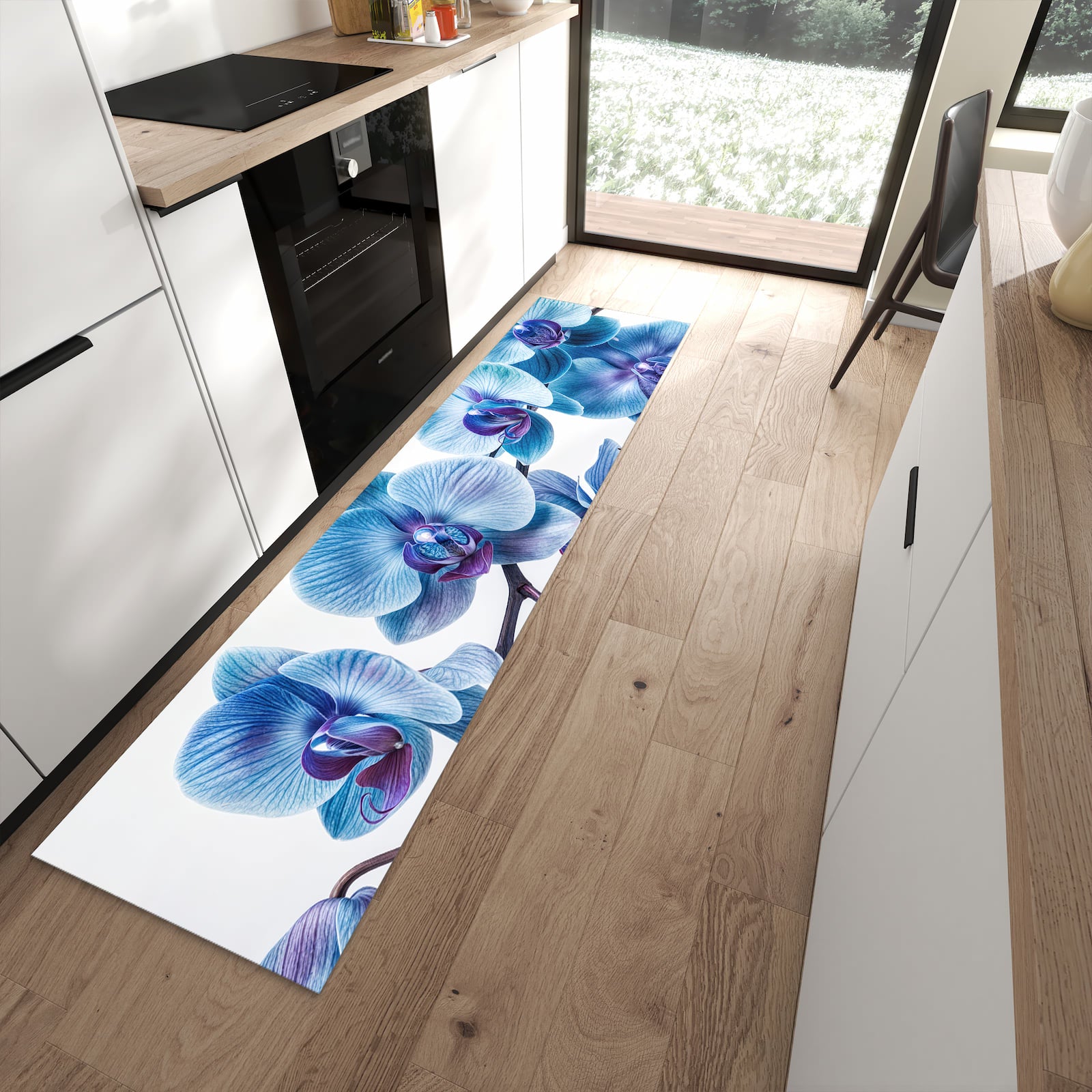 Pflegeleichter Teppich für Küche mit Motiv Blaue Orchideen Blüte in moderner Küche