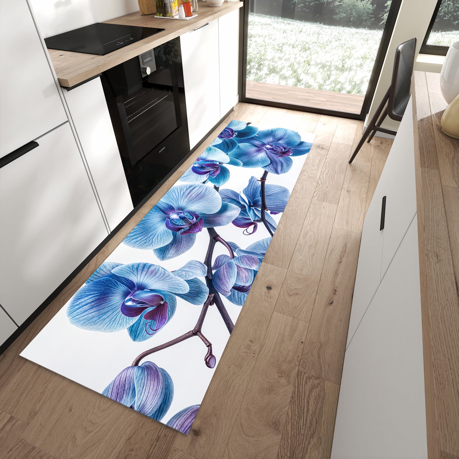 Hygienischer Küchenteppich mit Motiv Blaue Orchideen Blüte in moderner Küche
