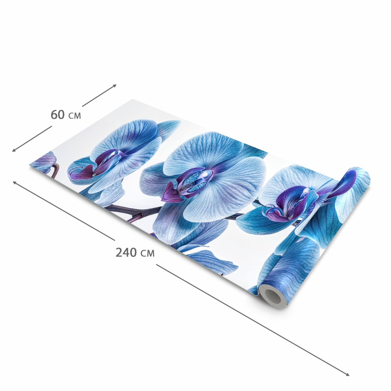 Formstabiler waschbarer Küchenteppich mit Motiv Blaue Orchideen Blüte in der Grösse 60x300 cm