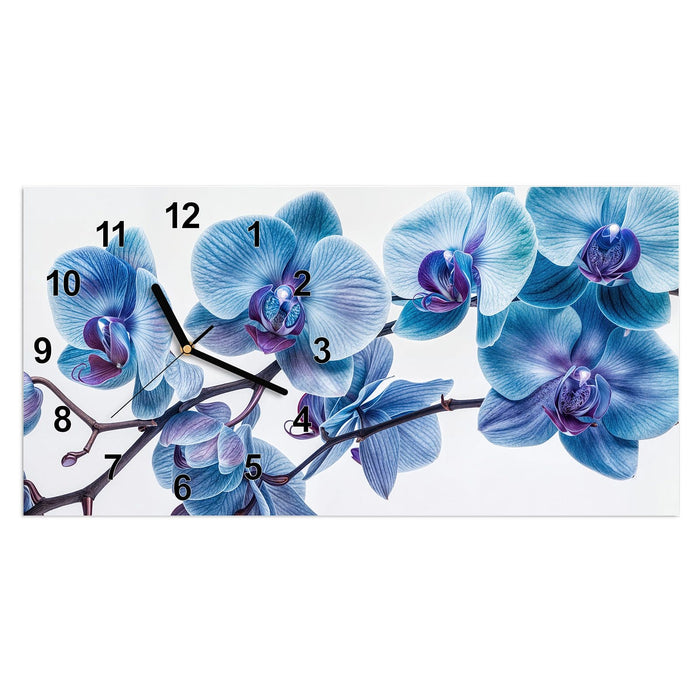 Wanduhr Blaue Orchideen Blüte aus Glas – Querformat 60 × 30 cm mit Ziffernblatt Modern