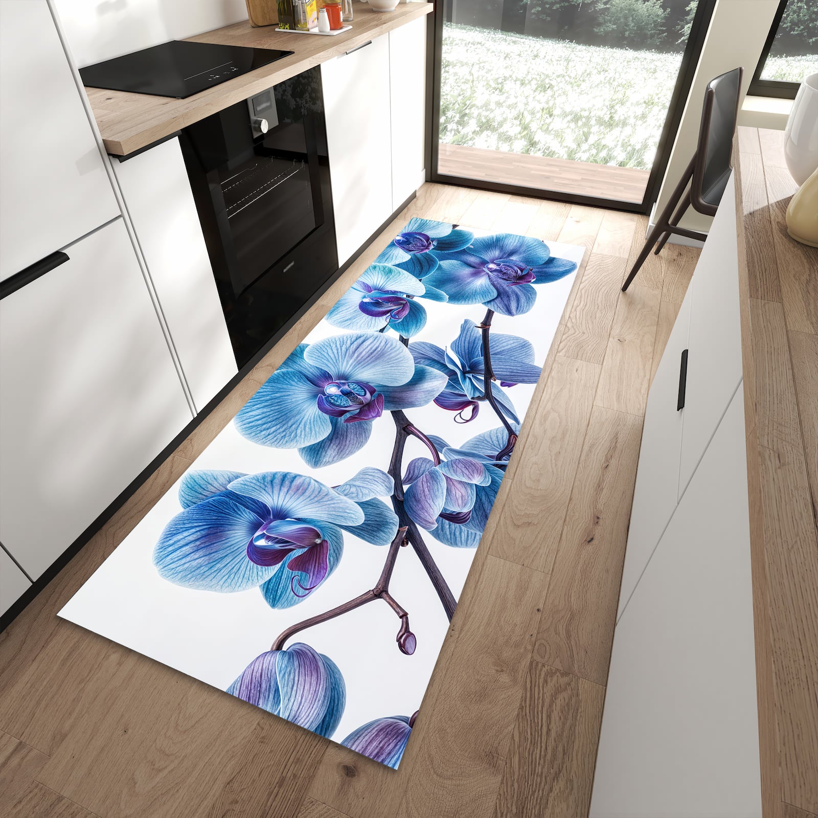 Rutschfester Küchenläufer mit Motiv Blaue Orchideen Blüte in moderner Küche