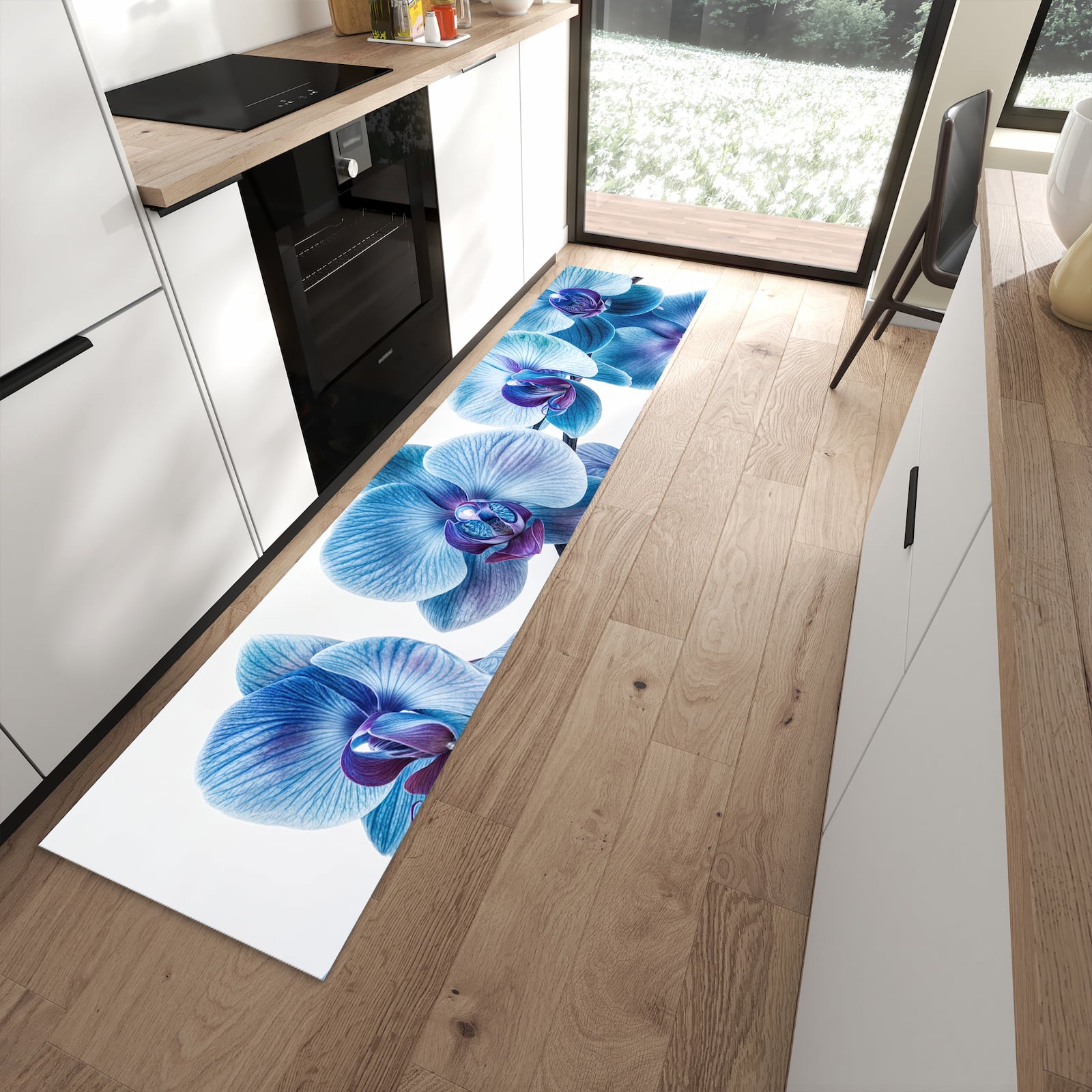 Komfortabler Küchenteppich mit Motiv Blaue Orchideen Blüte in moderner Küche