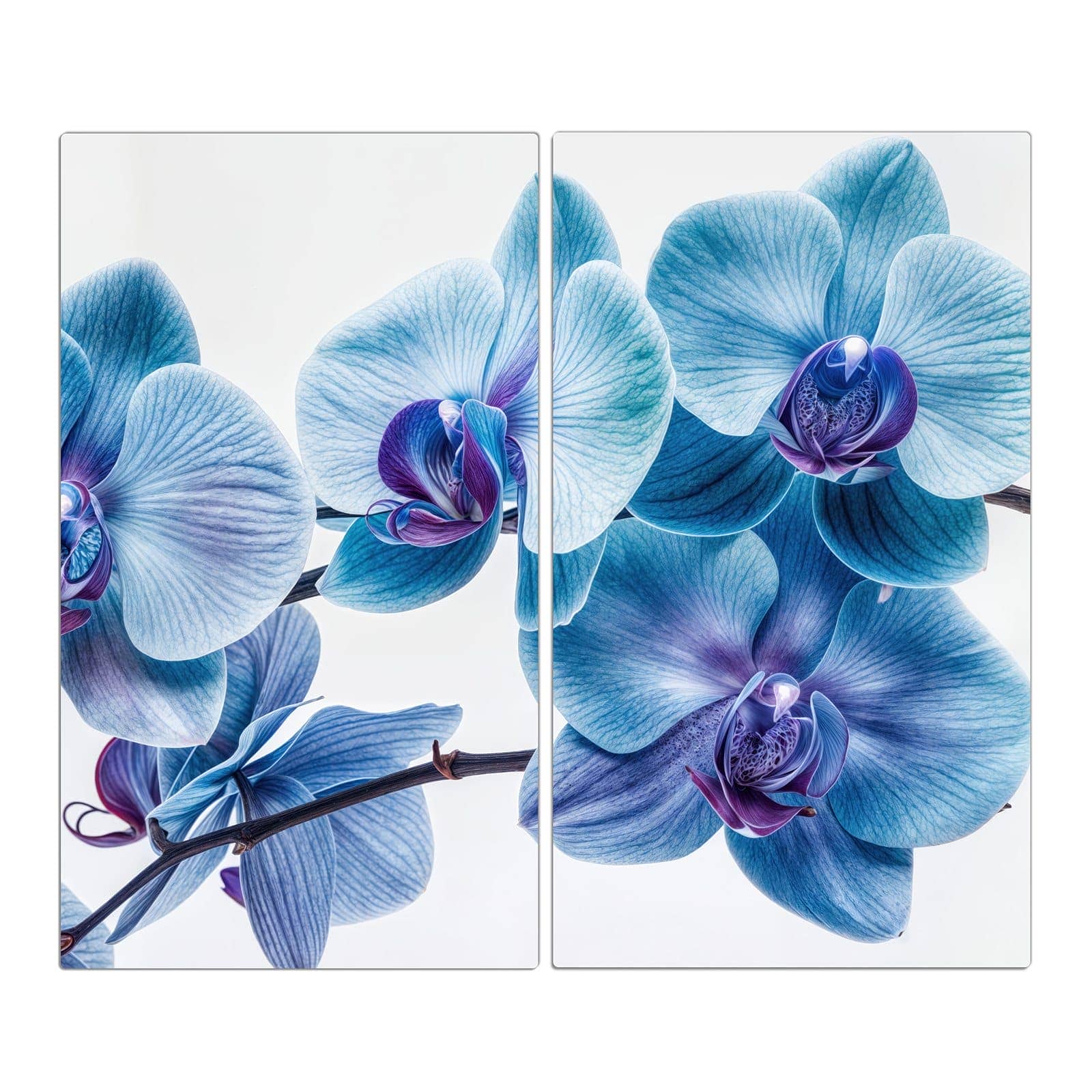 2-teilige Herdabdeckung aus Holz mit Blaue Orchideen Blüte-Motiv in der Frontansicht #grösse_2-Teilig (60x52cm)