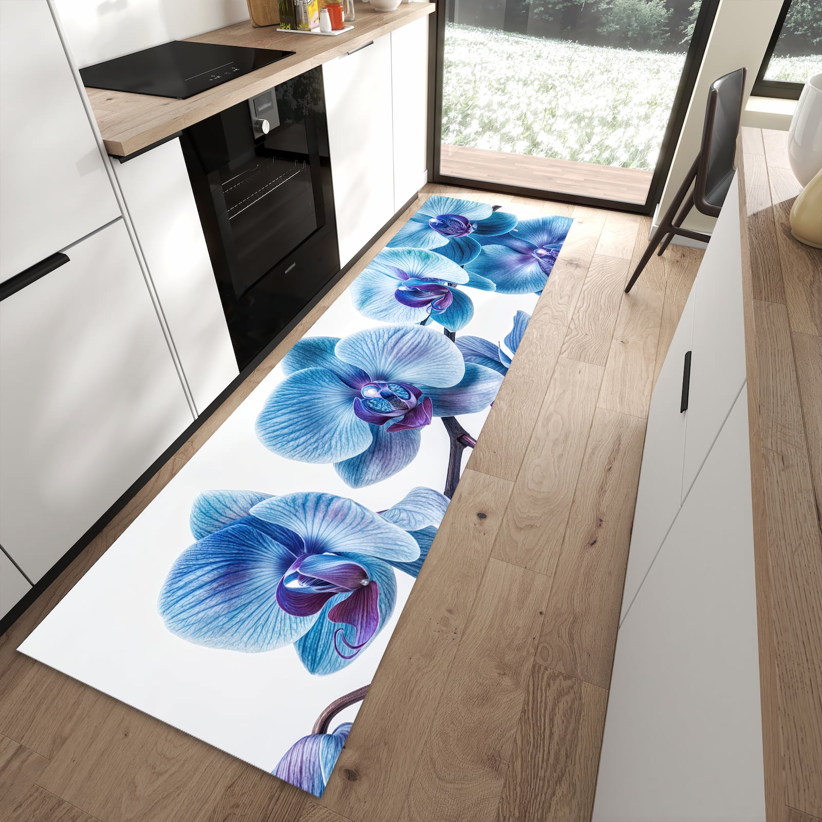 Strapazierfähiger Läufer für die Küche mit Motiv Blaue Orchideen Blüte in moderner Küche