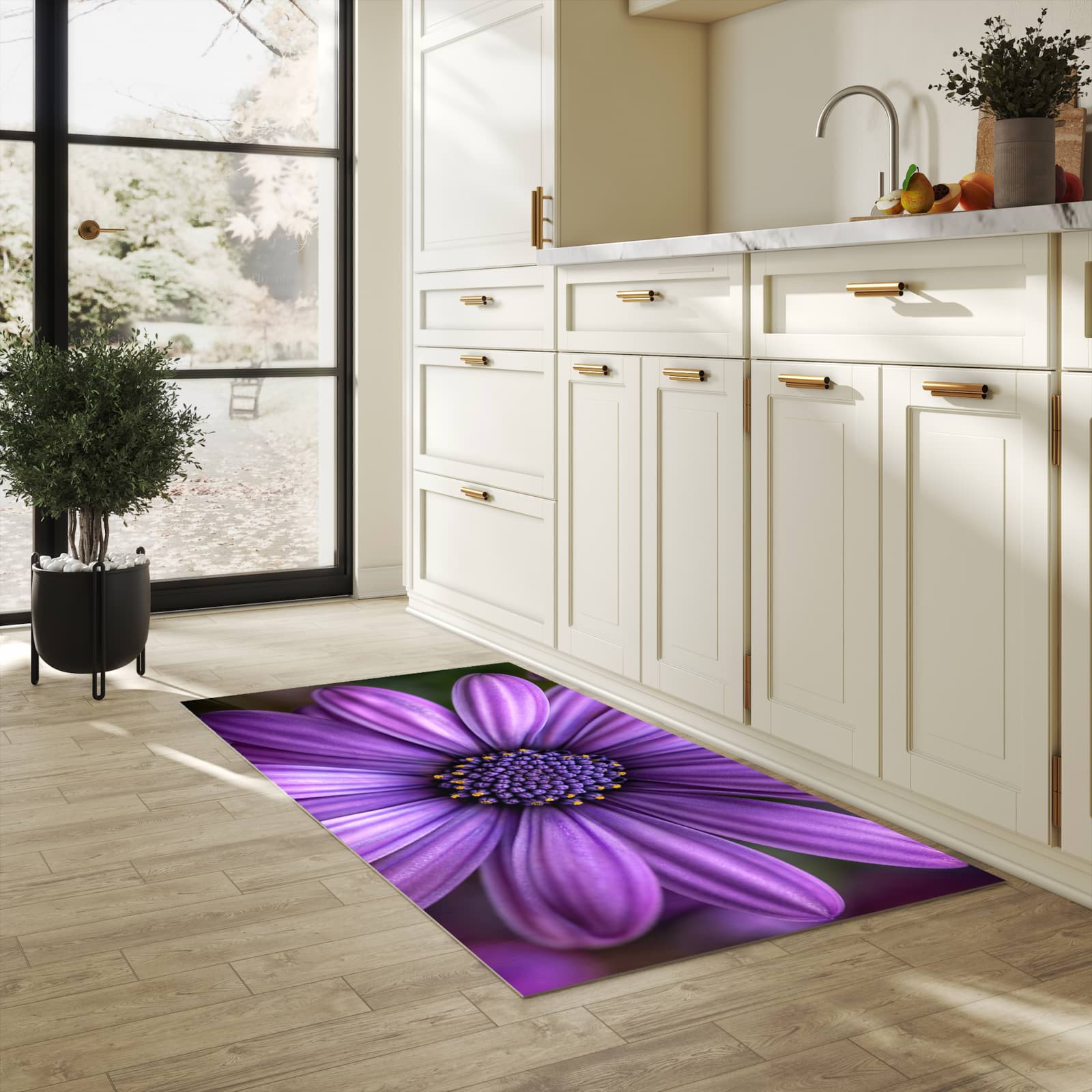 Fleckenresistenter waschbarer Läufer mit Motiv Blume Nahaufnahme in heller Küche