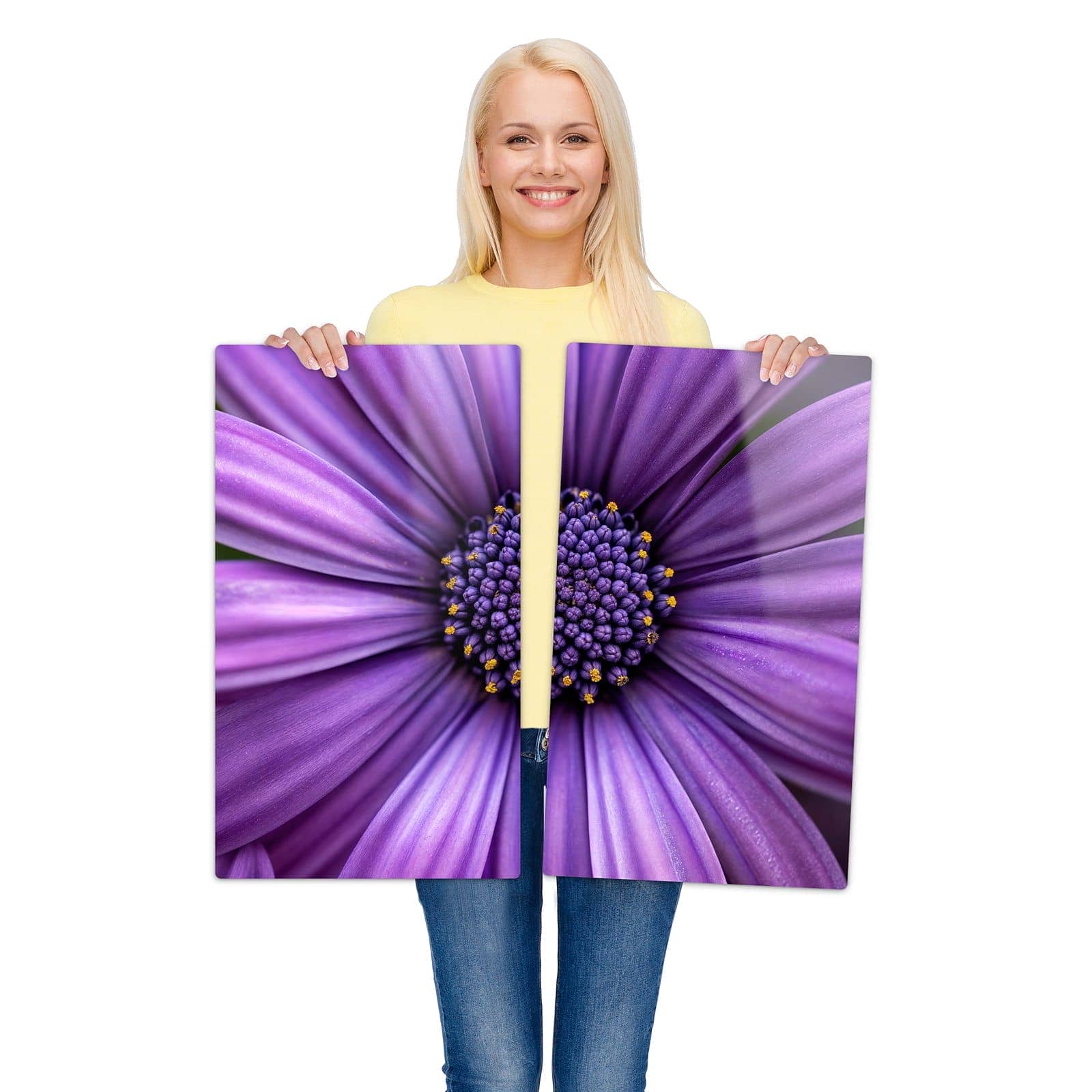 2-teilige Glasplatte für Herd mit Blume Nahaufnahme-Motiv wird zur Größendarstellung gehalten