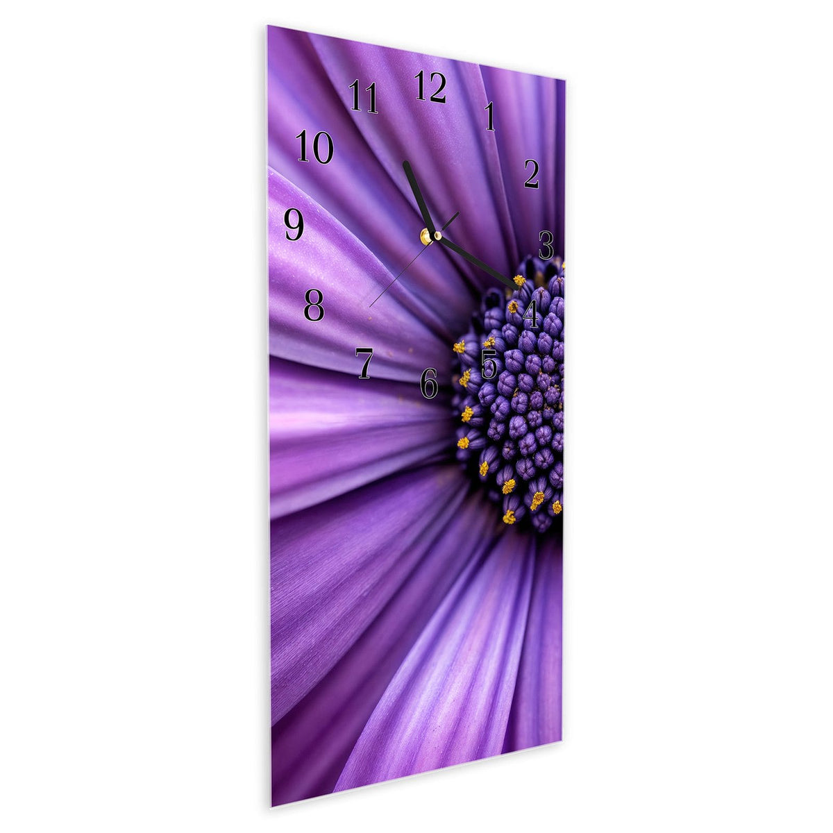 Wanduhr aus Glas im Hochformat Lila Kapkörbchen schräg von der Seite, 4 mm starkes Glas