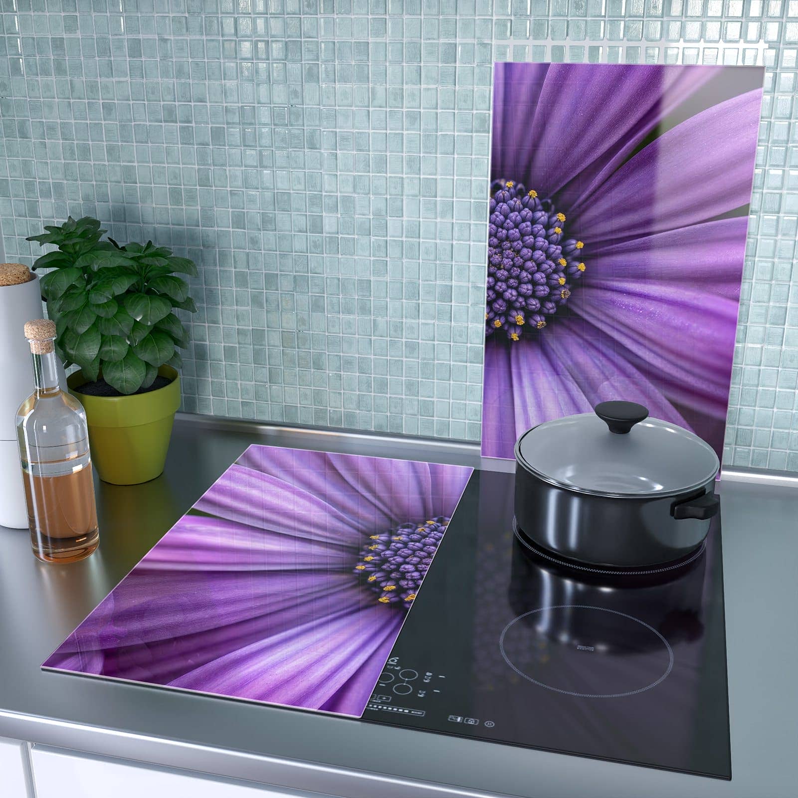 2-teilige Herdabdeckplatten mit Blume Nahaufnahme-Motiv als Spritzschutz hinter dem Kochfeld