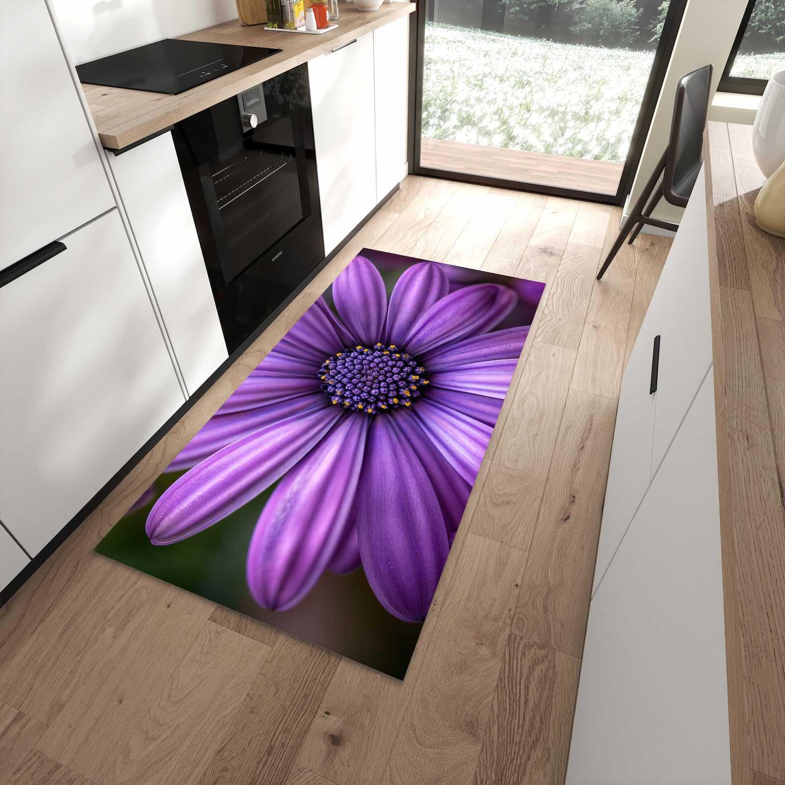 Fleckenresistenter moderner Küchenläufer mit Motiv Blume Nahaufnahme in moderner Küche