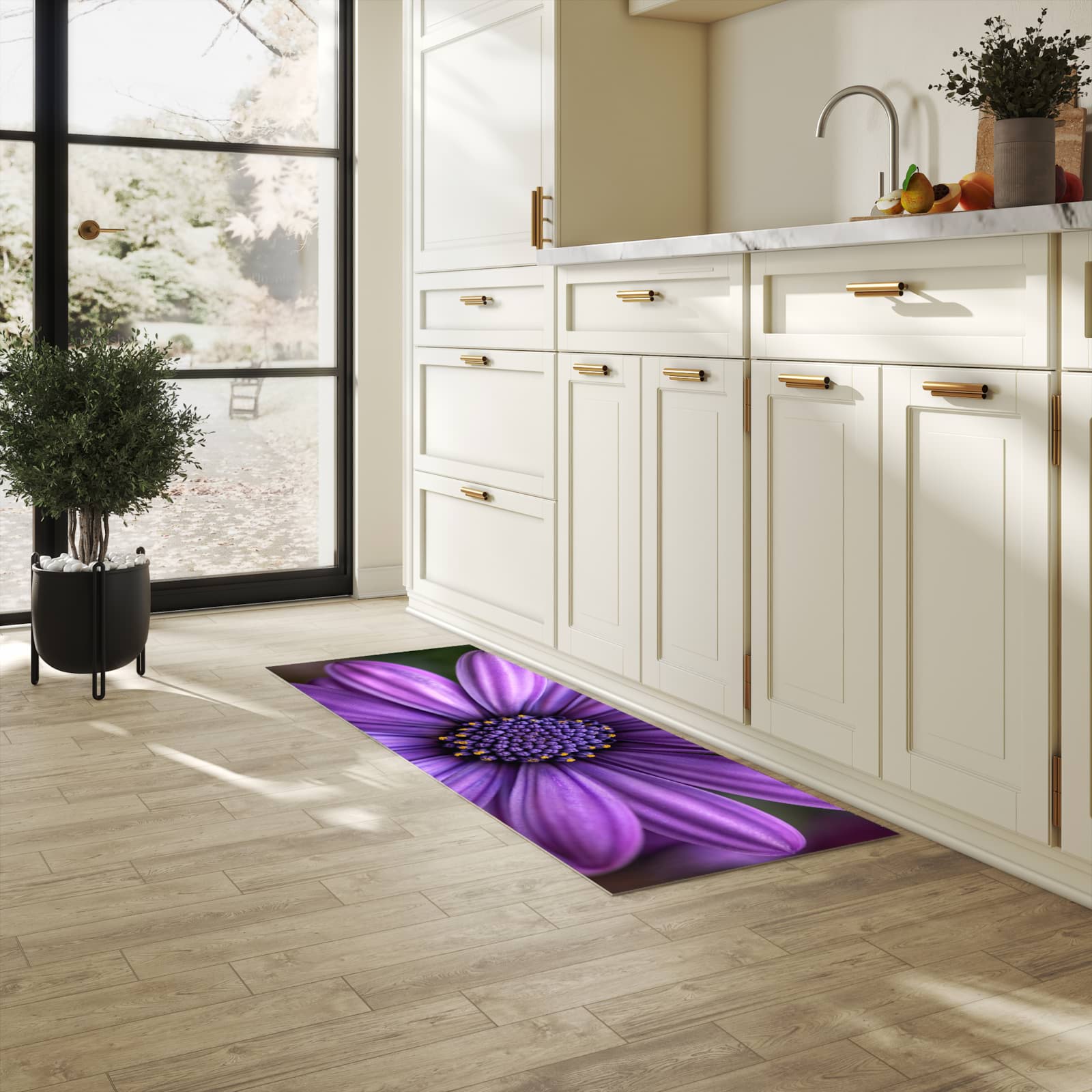 Farbbeständiger Läufer für die Küche mit Motiv Blume Nahaufnahme in heller Küche