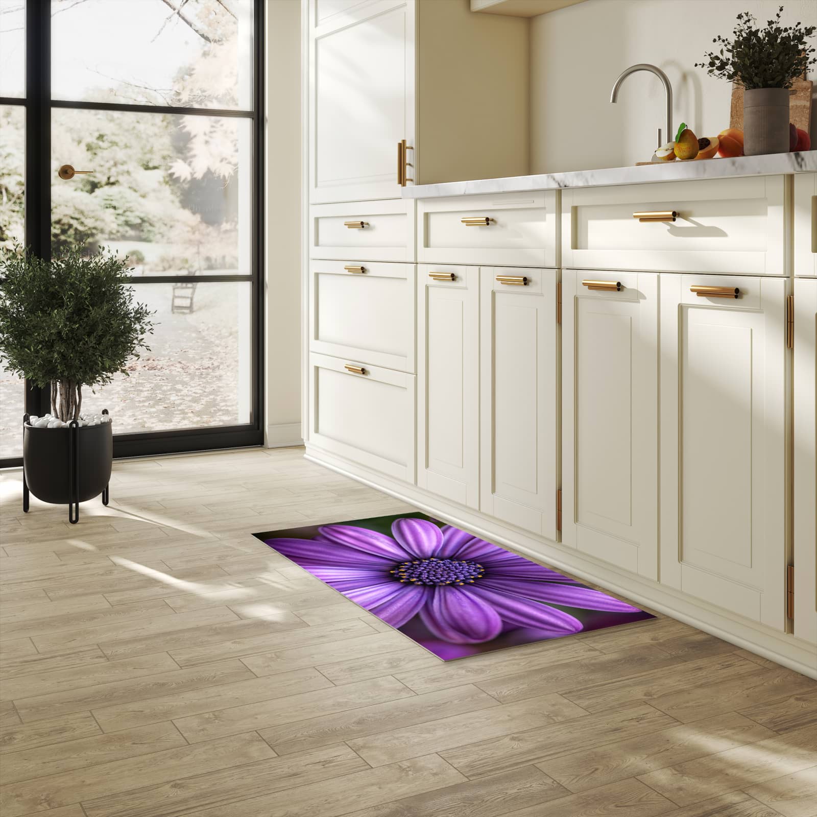 Küchenteppich mit Motiv Blume Nahaufnahme für Ordnung & Übersicht in heller Küche