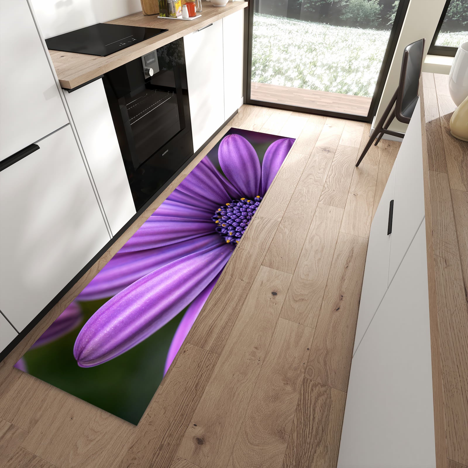 Formstabiler rutschfester Küchenläufer mit Motiv Blume Nahaufnahme in moderner Küche