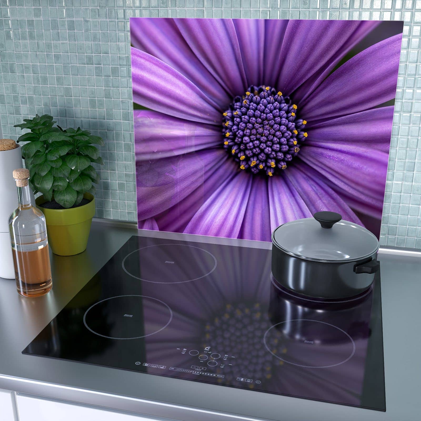 1-teilige Herdabdeckplatte aus Glas mit Blume Nahaufnahme-Motiv als Spritzschutz hinter dem Kochfeld