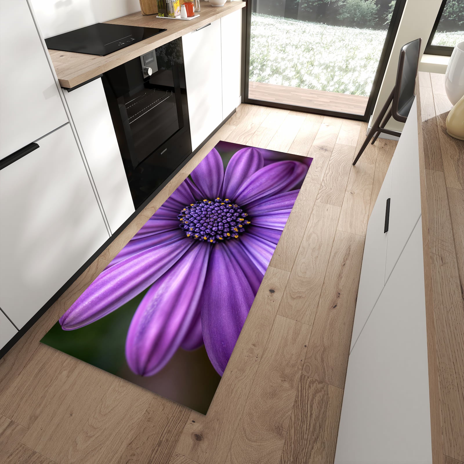 Abriebfester rutschfester Küchenläufer mit Motiv Blume Nahaufnahme in moderner Küche