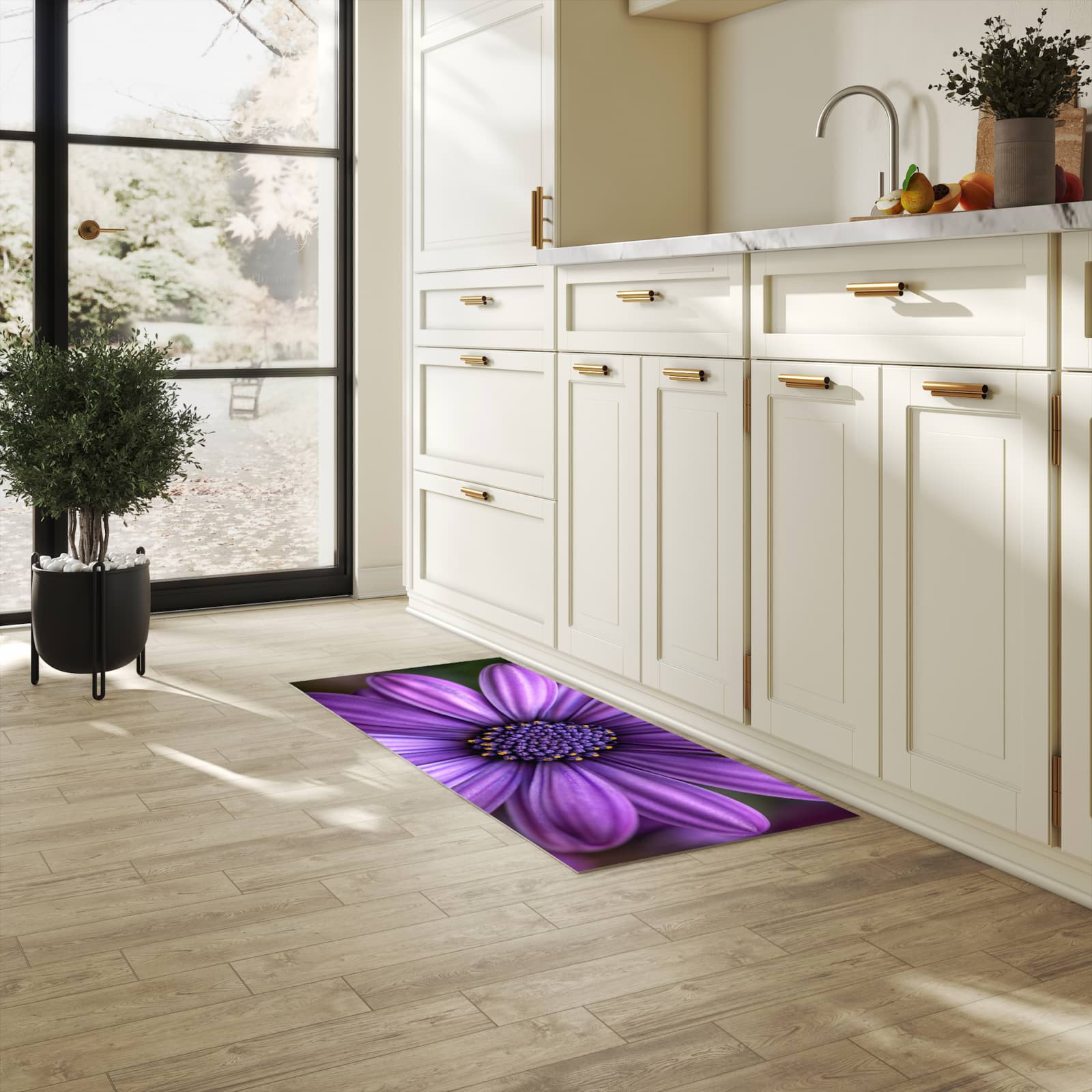 Bodenschonender Küchenteppich mit Motiv Blume Nahaufnahme in heller Küche