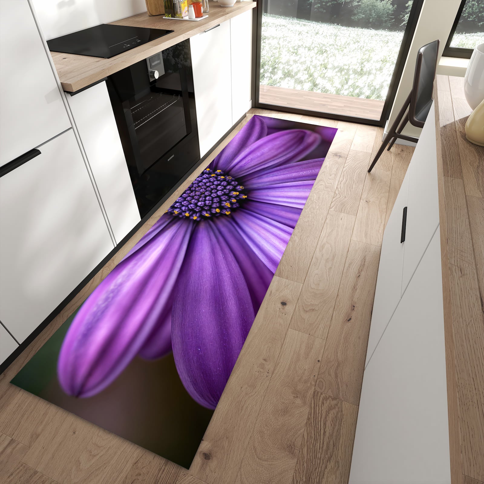 Komfortabler Küchenläufer nach Maß mit Motiv Blume Nahaufnahme in moderner Küche